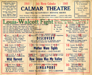 July 1948 movie calendar from Calmar Theatre featuring The Treasure of the Sierra Madre"
