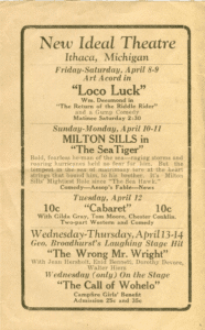 1927 movie theatre calendar for Loco Luck featuring Art Acord at New Ideal Theatre, Ithaca Michigan