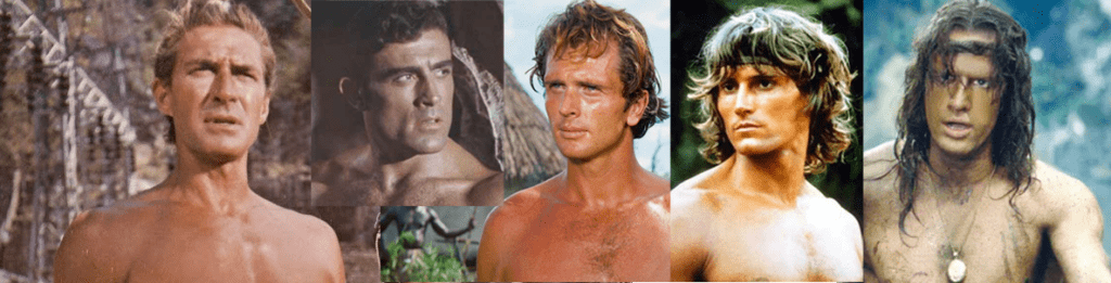 Later Tarzans, from left, Jock Mahoney, Mike Henry, Ron Ely, Miles O'Keefe and Christopher Lambert